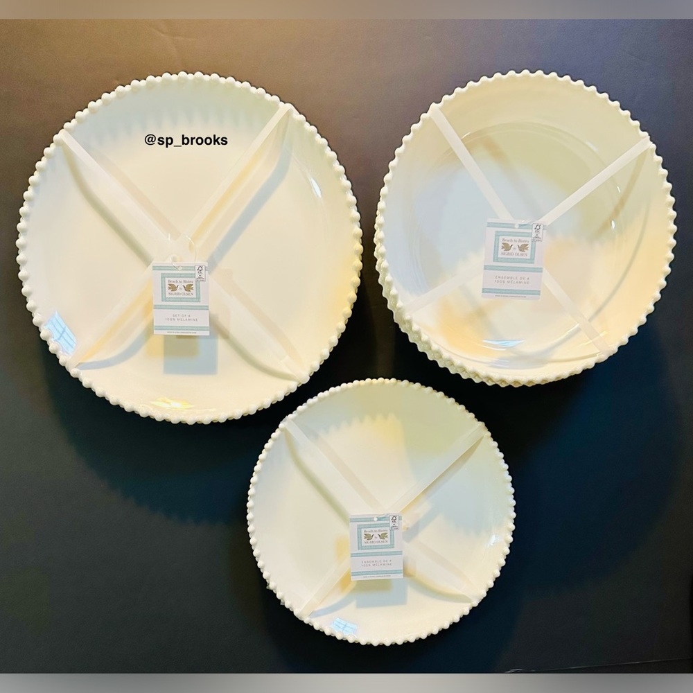 🎁12PC SIGRID OLSEN Melamine Plates & Bowls - Pearlized Ivory Melamine Dinnerware